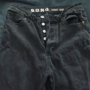 S.O.N.G. brand high waisted black/dark grey jeans. no rips, great fit. no damage